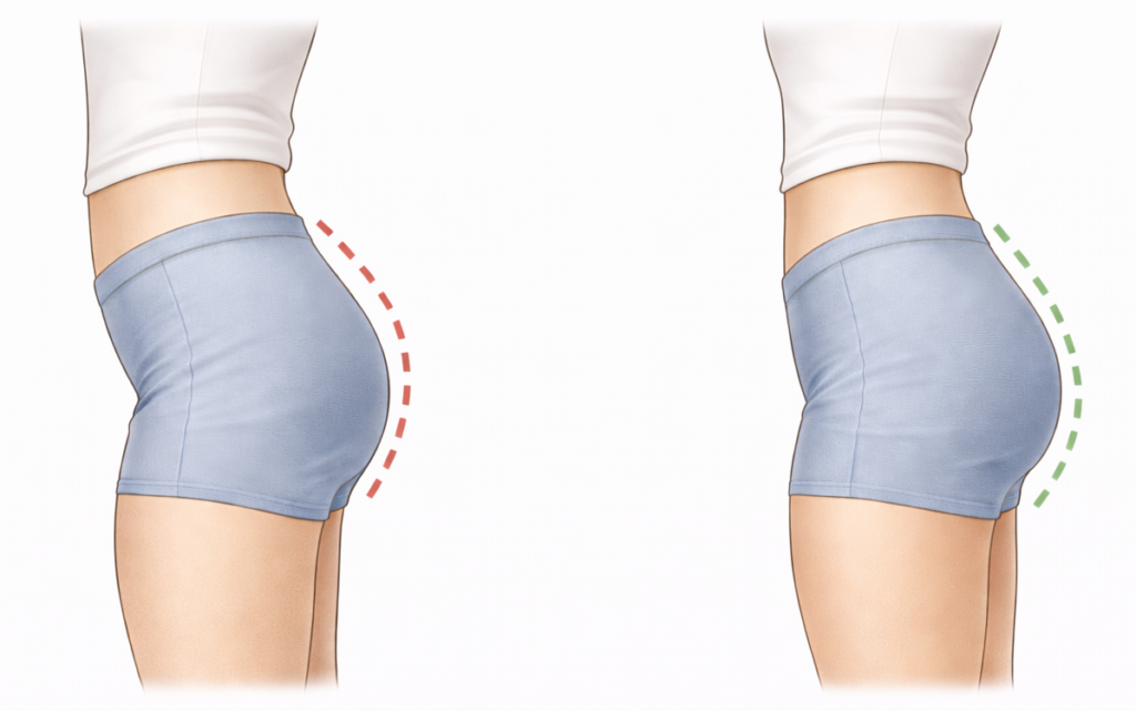 骨盤が後ろに倒れ、下に広がっている