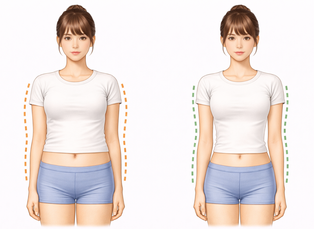 胸郭が広がるとウエストが減り胴体が四角く見える