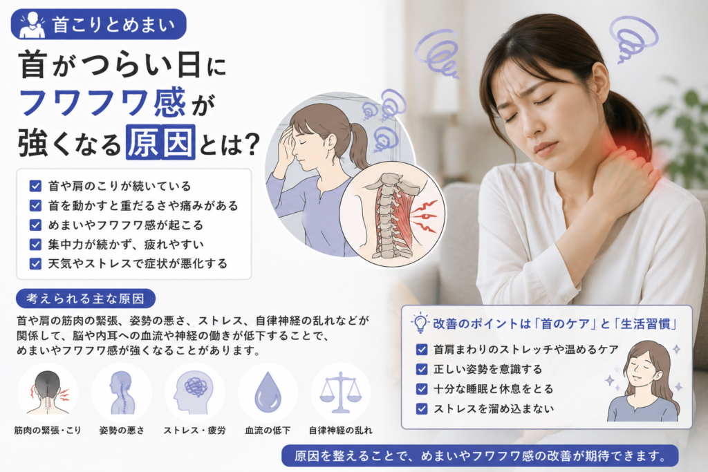 首こりとめまい|首がつらい日にフワフワ感が強くなる原因とは?